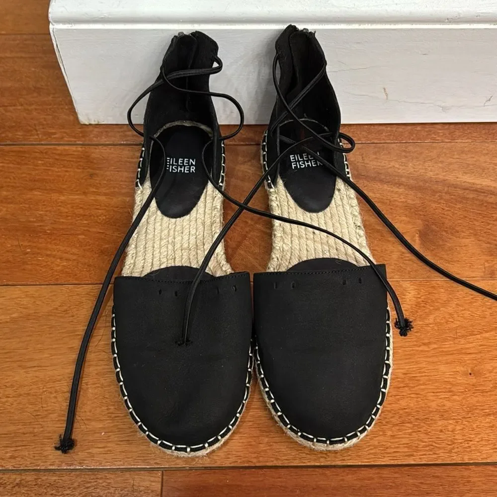 NWOT Eileen Fisher Lace-Up Black Suede‎ Espadrille Sandal Size 7.5